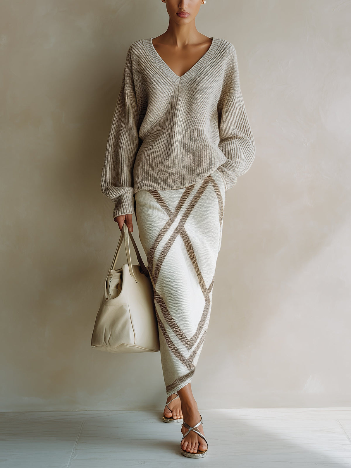 Women's 2-Piece Knit Sweater & Midi Skirt Set – V-Neck Oversized Pullover With Geometric Knit Pencil Skirt