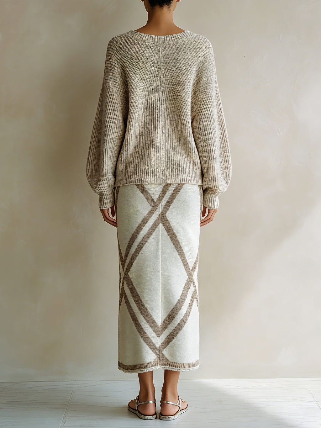 Women's 2-Piece Knit Sweater & Midi Skirt Set – V-Neck Oversized Pullover With Geometric Knit Pencil Skirt