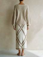 Women's 2-Piece Knit Sweater & Midi Skirt Set – V-Neck Oversized Pullover With Geometric Knit Pencil Skirt