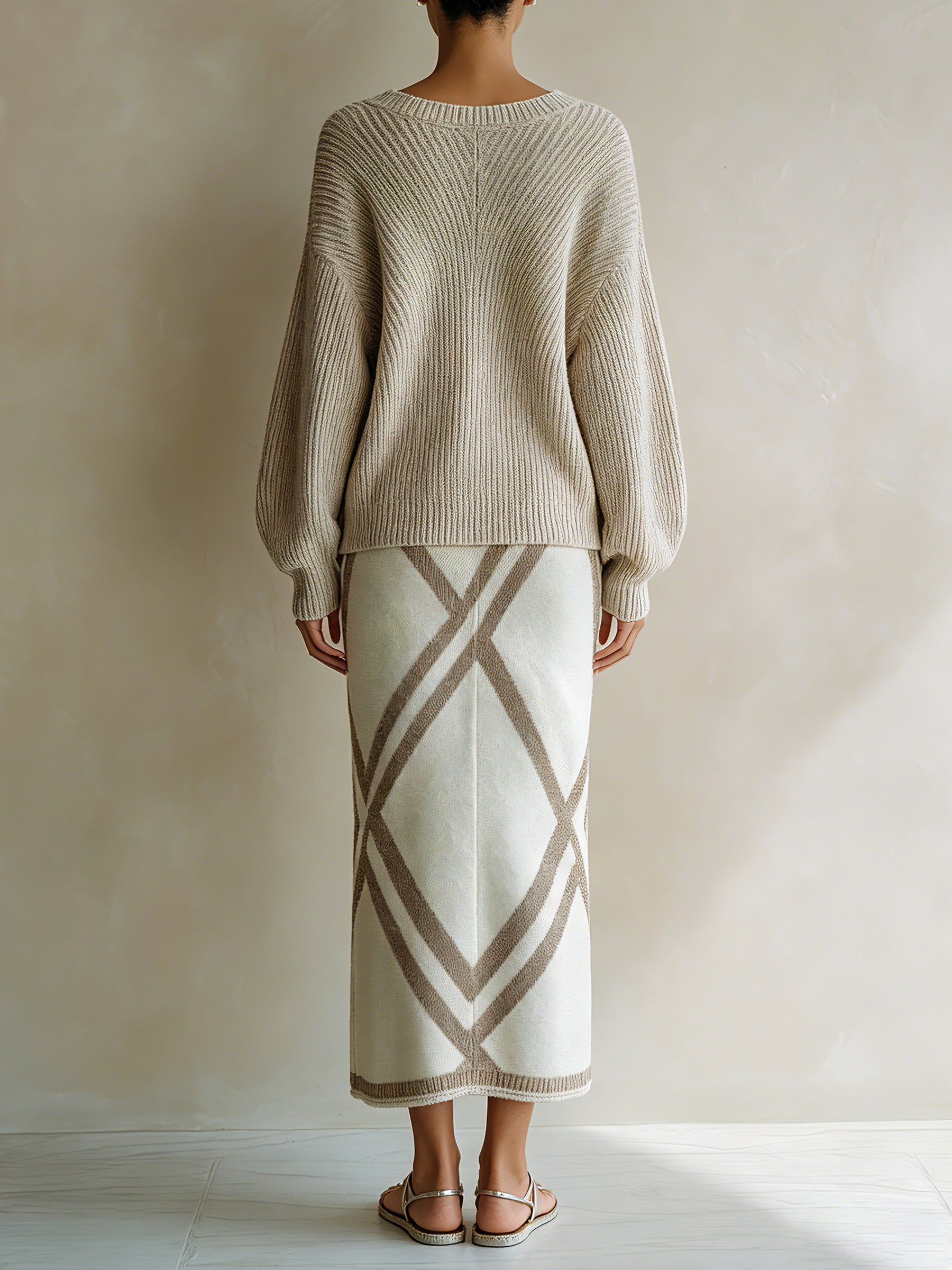 Women's 2-Piece Knit Sweater & Midi Skirt Set – V-Neck Oversized Pullover With Geometric Knit Pencil Skirt