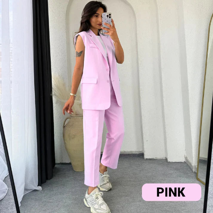 ⏰Last Day Sale 49% Off💖Women’s Stylish Sleeveless Blazer & High-Waisted Pants Set