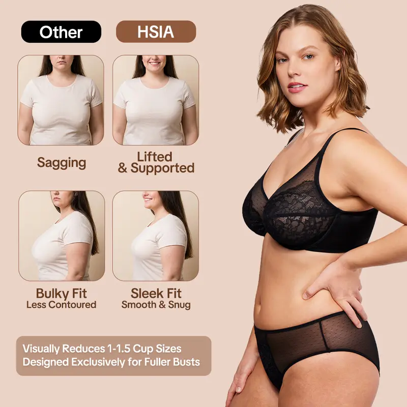 💞50K+ SOLD!👙HSIA Enchante Floral Lace Plus Size Underwire Unlined Unpadded Minimizer Full Coverage Bra Women's Wear Comfortable Breathable Mesh Cup