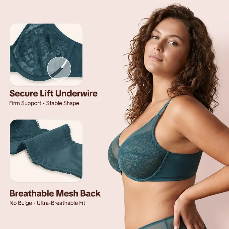 💞50K+ SOLD!👙HSIA Enchante Floral Lace Plus Size Underwire Unlined Unpadded Minimizer Full Coverage Bra Women's Wear Comfortable Breathable Mesh Cup