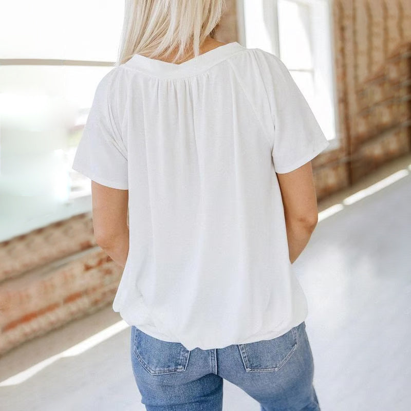 ✨New Arrival 50% Off✨Women's Casual Pleated V-Neck Short-Sleeve Top👚Timeless Solid Colors For Every Outfit