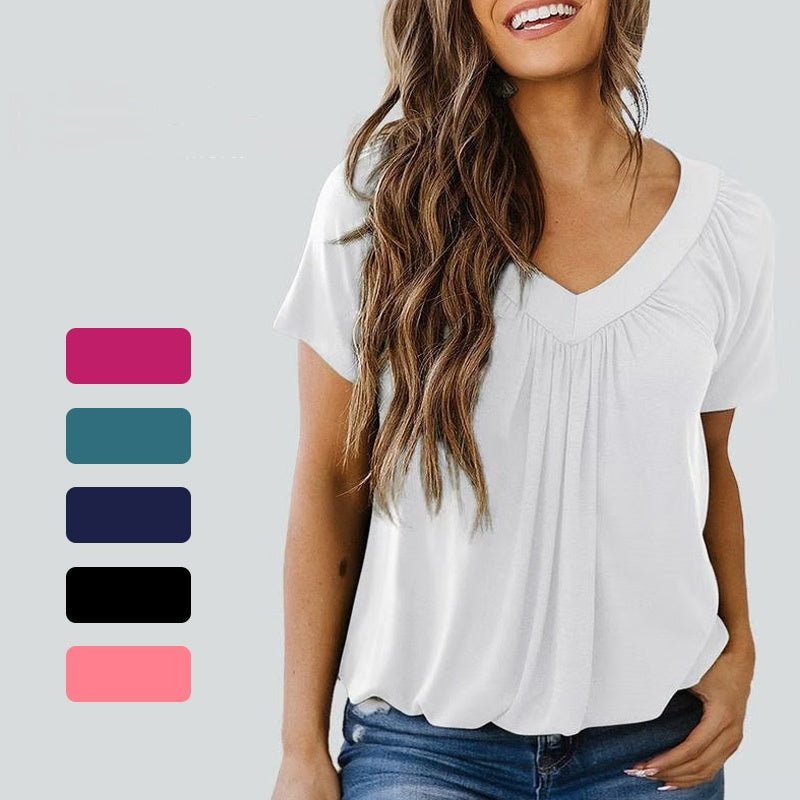 ✨New Arrival 50% Off✨Women's Casual Pleated V-Neck Short-Sleeve Top👚Timeless Solid Colors For Every Outfit