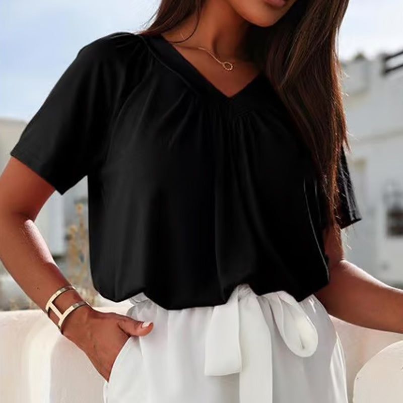 ✨New Arrival 50% Off✨Women's Casual Pleated V-Neck Short-Sleeve Top👚Timeless Solid Colors For Every Outfit