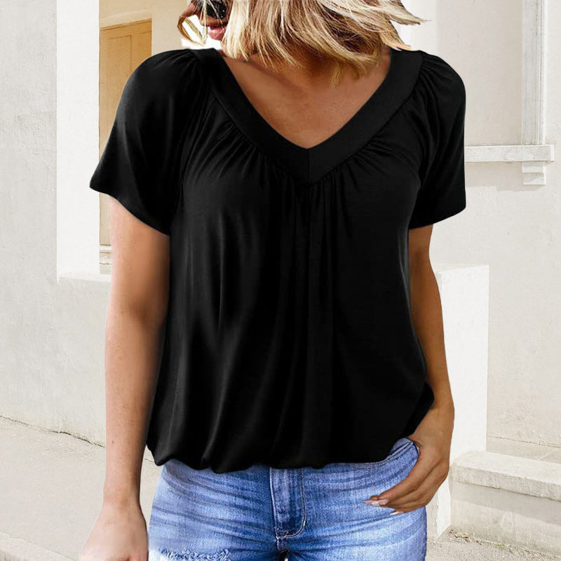 ✨New Arrival 50% Off✨Women's Casual Pleated V-Neck Short-Sleeve Top👚Timeless Solid Colors For Every Outfit