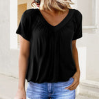 ✨New Arrival 50% Off✨Women's Casual Pleated V-Neck Short-Sleeve Top👚Timeless Solid Colors For Every Outfit