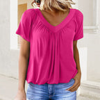 ✨New Arrival 50% Off✨Women's Casual Pleated V-Neck Short-Sleeve Top👚Timeless Solid Colors For Every Outfit