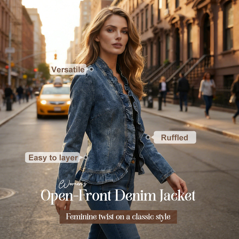 🎁New arrival 50% OFF💥Women's Ruffle Trim Open-Front Denim Jacket
