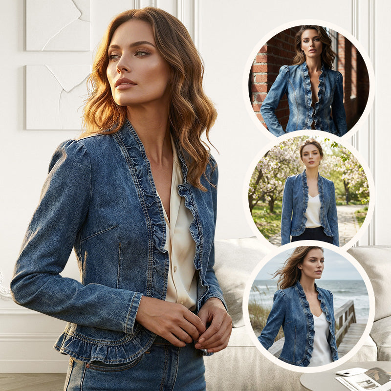 🎁New arrival 50% OFF💥Women's Ruffle Trim Open-Front Denim Jacket