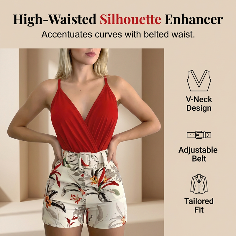 🎁2026 New Arrivals 50% OFF💥 V-Neck & High-Waist Shorts Set – Tropical Print, 2-Piece Vacation Outfit 🌴
