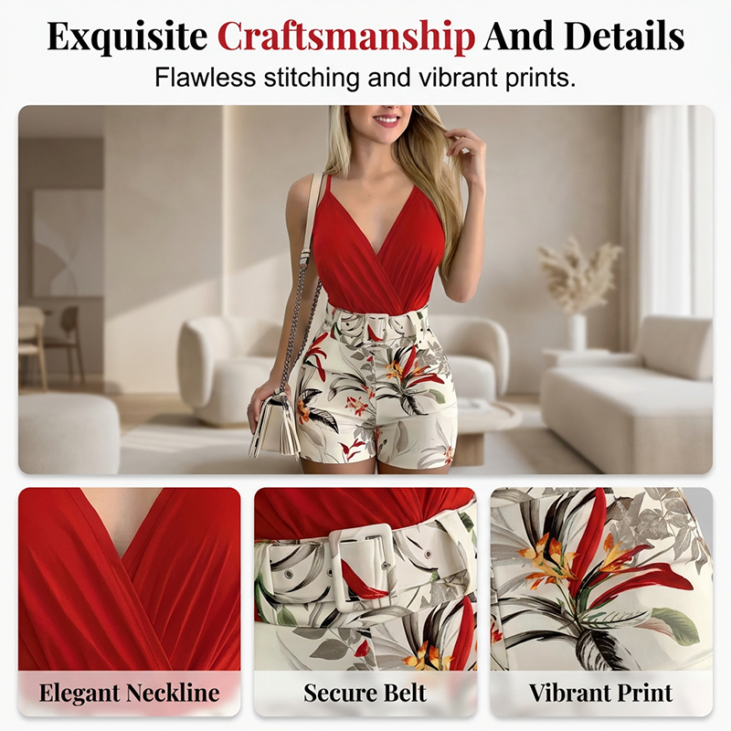 🎁2026 New Arrivals 50% OFF💥 V-Neck & High-Waist Shorts Set – Tropical Print, 2-Piece Vacation Outfit 🌴