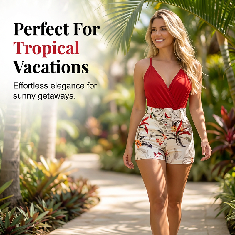 🎁2026 New Arrivals 50% OFF💥 V-Neck & High-Waist Shorts Set – Tropical Print, 2-Piece Vacation Outfit 🌴
