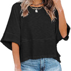 ✨2026 HOT SALE 50% OFF💃🌸Women's Solid Color Splicing Loose Five Points Flare Sleeve T-Shirt