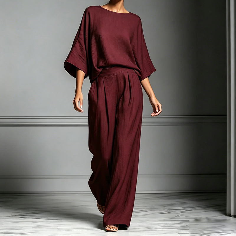 🏆LAST DAY SALE 50% OFF🔥Women's Two-Piece Loose Fit Top and Wide-Leg Pants Set