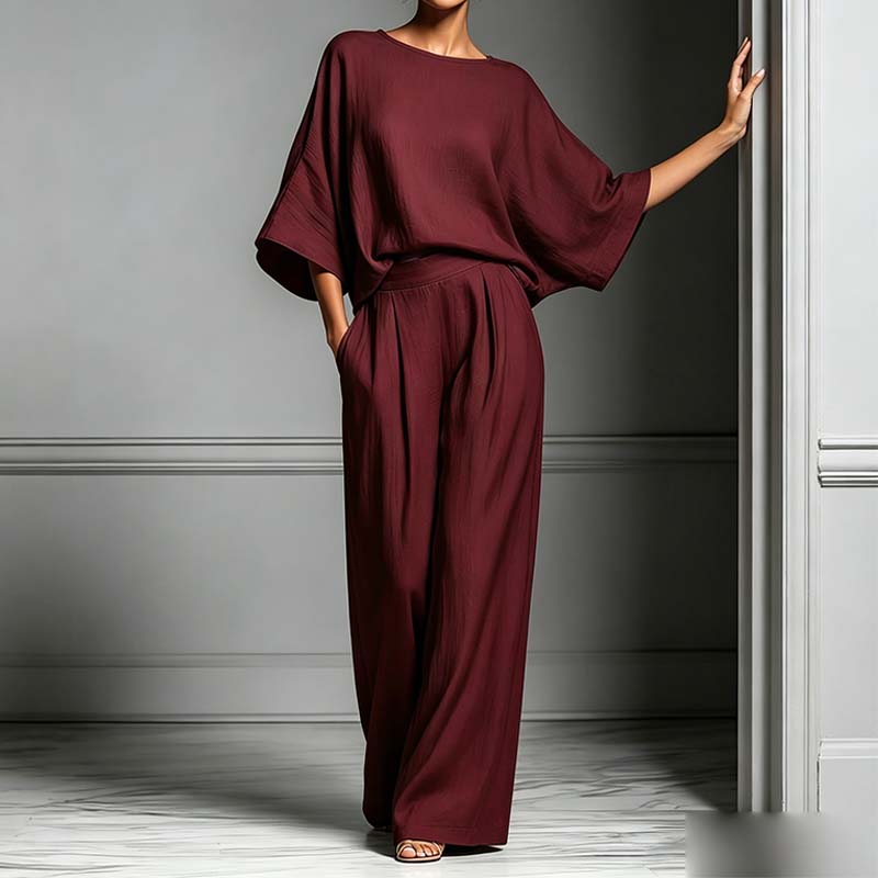 🏆LAST DAY SALE 50% OFF🔥Women's Two-Piece Loose Fit Top and Wide-Leg Pants Set