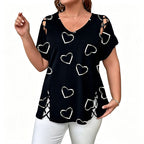 👗 LIMITED-TIME 50% OFF! Women’s Heart Print Cutout Lace-Up Short Sleeve Top, Casual V-Neck Daily Blouse