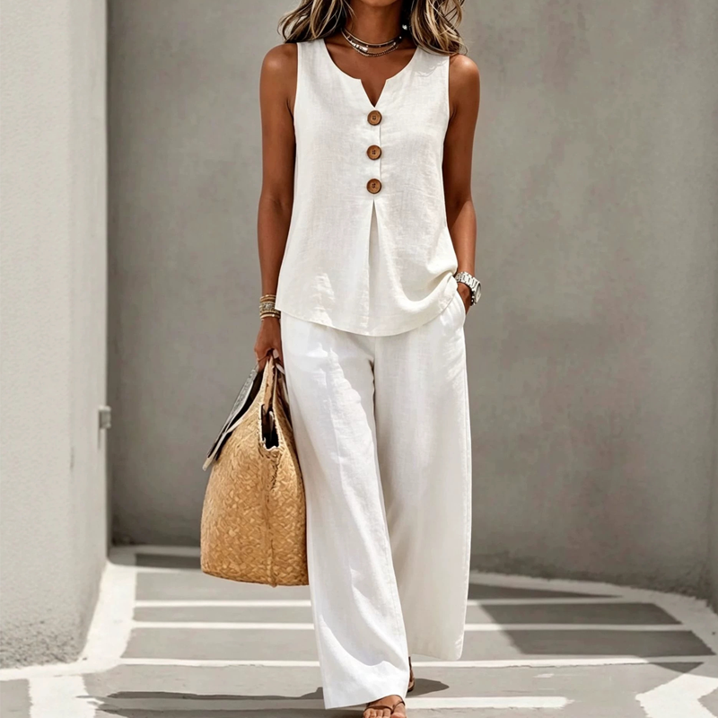 Women's Sleeveless Button Top and Loose Pants Set