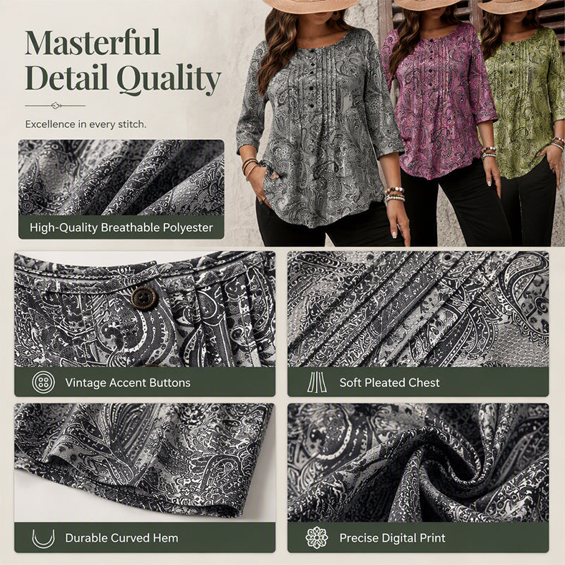 Women's Plus Size Paisley Print Blouse – Loose Fit & Curved Hem Design