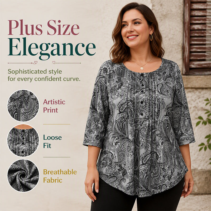 Women's Plus Size Paisley Print Blouse – Loose Fit & Curved Hem Design