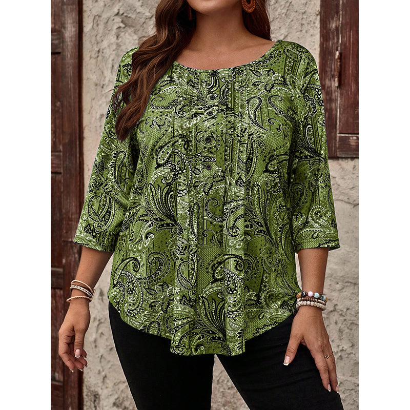 Women's Plus Size Paisley Print Blouse – Loose Fit & Curved Hem Design
