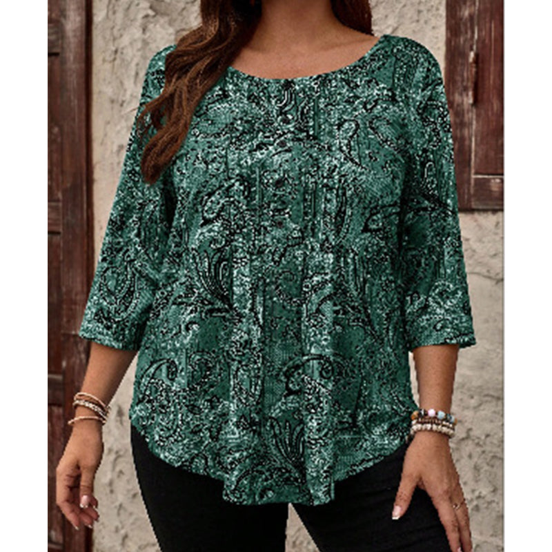 Women's Plus Size Paisley Print Blouse – Loose Fit & Curved Hem Design