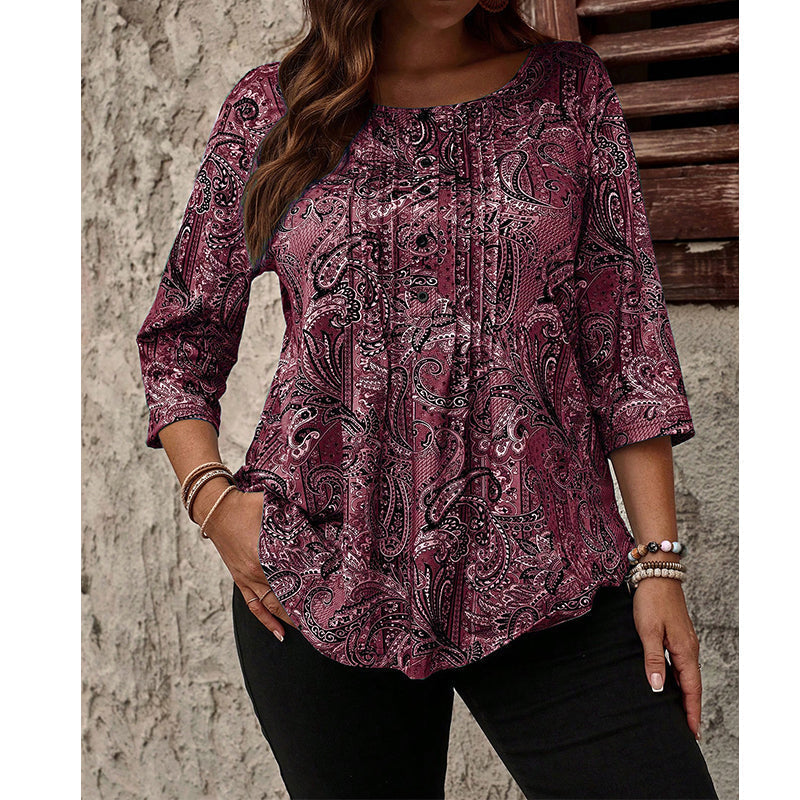 Women's Plus Size Paisley Print Blouse – Loose Fit & Curved Hem Design