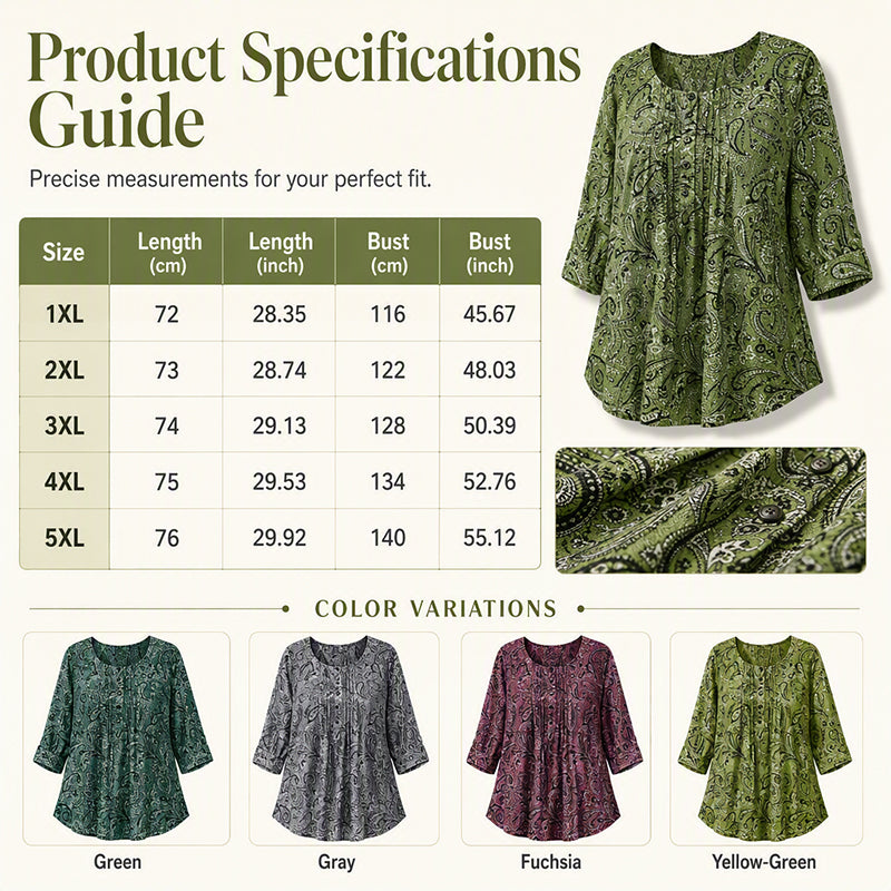 Women's Plus Size Paisley Print Blouse – Loose Fit & Curved Hem Design