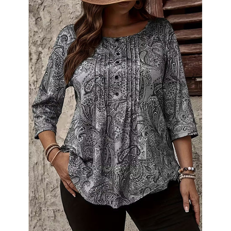 Women's Plus Size Paisley Print Blouse – Loose Fit & Curved Hem Design