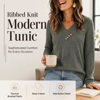 Women's Ribbed Knit V-Neck Top with Decorative Buttons