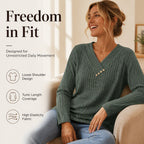 Women's Ribbed Knit V-Neck Top with Decorative Buttons