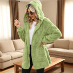 🌸 50% OFF NOW!Hooded Fluffy Fleece Cardigan, Textured Check Pattern Open Front Coat with Pockets