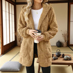 🌸 50% OFF NOW!Hooded Fluffy Fleece Cardigan, Textured Check Pattern Open Front Coat with Pockets
