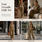 Women's Velvet Long Sleeve Shirt & Wide Leg Pants Set